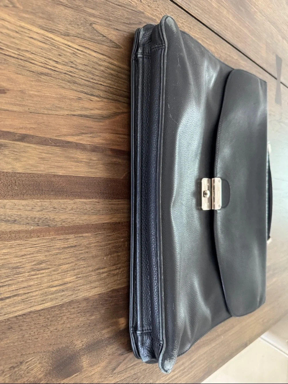 Longchamp Black Leather Briefcase with Silver Lock